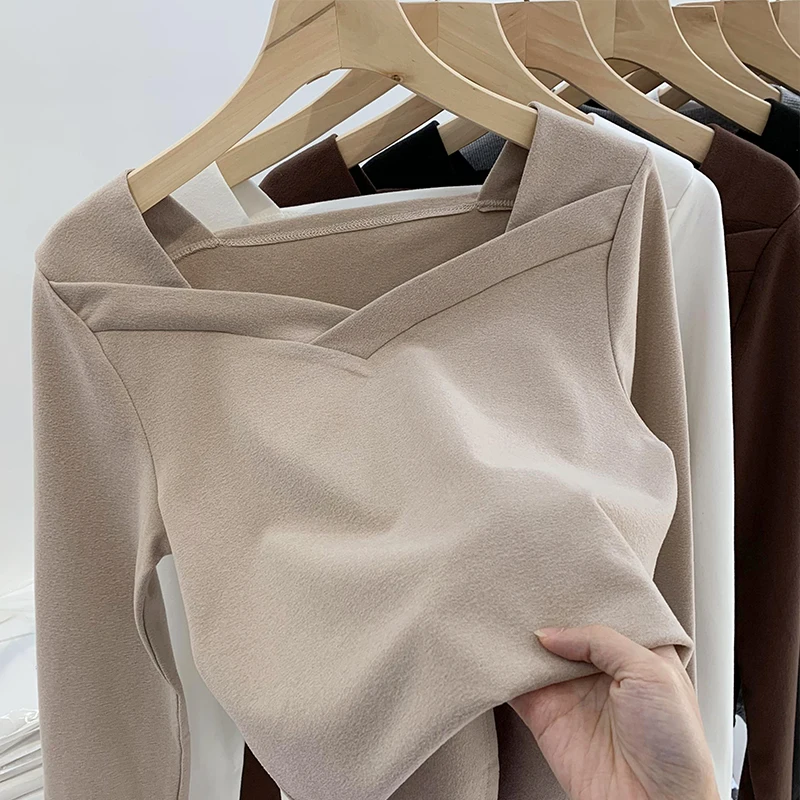 

plus Size Women's Long Sleeve V-Neck T-Shirt Autumn Winter Slimming Base Shirt 240 Pounds Large Size Fashion Simple Style