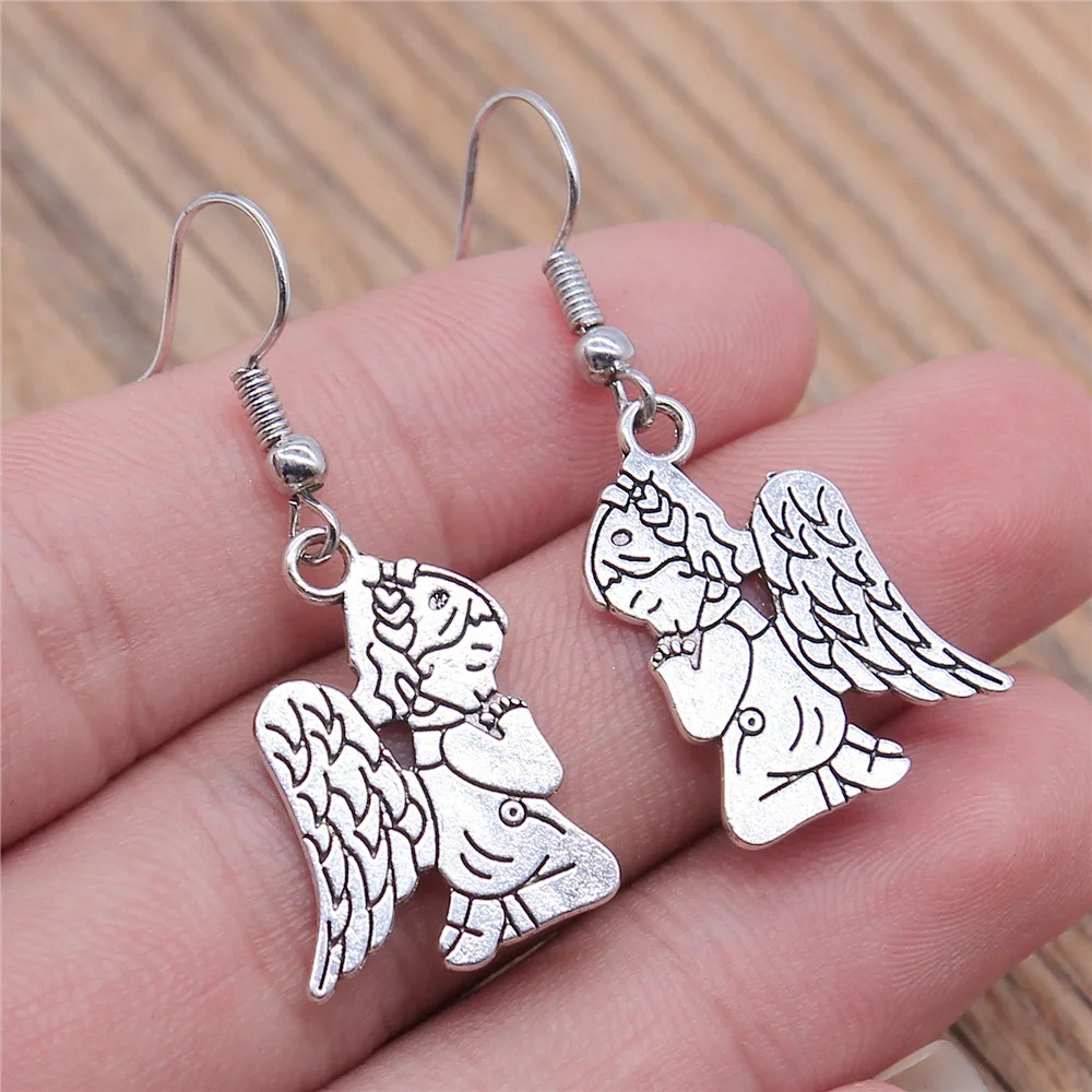 Fashion Handmade Simple Design Antique Silver Color Praying Angel Pendant Earrings Drop Earrings