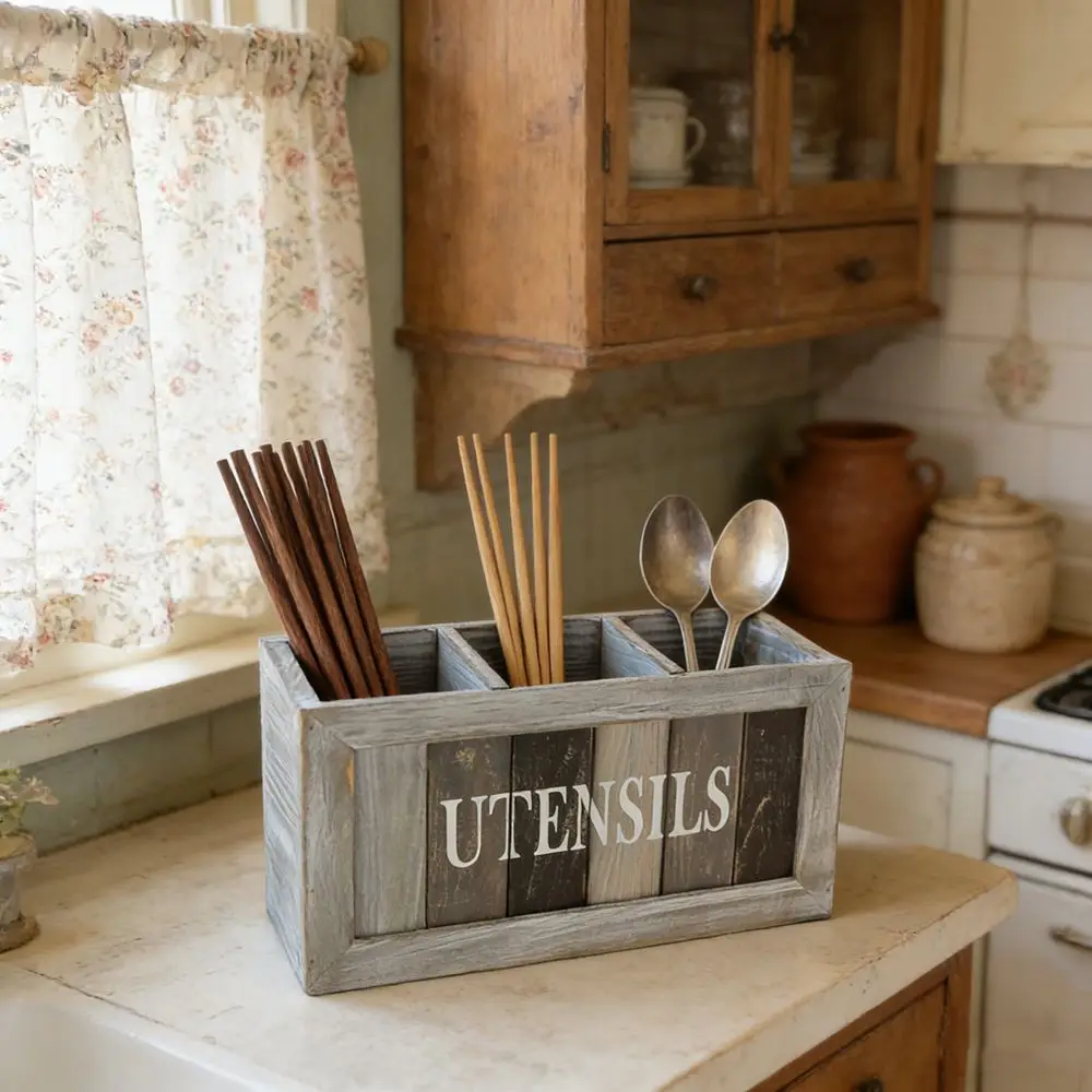 

Коробка для хранения столовых приборов на 3 секции, большая вместимость, с разделителями, для вилок и ложек, винтажная, из массива дерева, в стиле фермерского дома