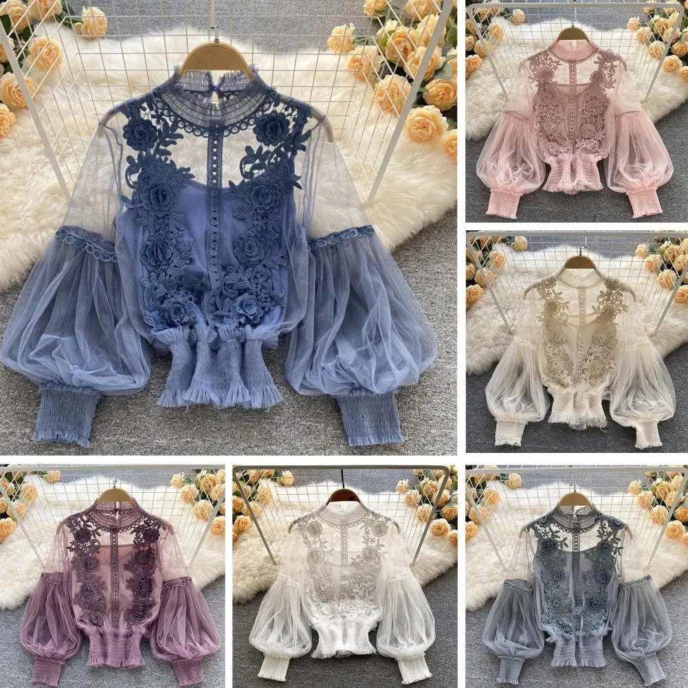 

Women Solid Color Shirt Flower Applique Women Blouse Elegant Floral Applique Mesh Sleeve Party Blouse for Women Sheer Lantern