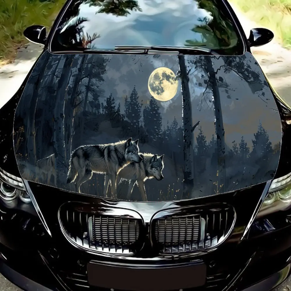 

Wildlife Grey Wolf Forest Night Moon Car Hood Wrap Color Vinyl Sticker Truck Graphic Bonnet Auto Accessories Decor Decal Gift