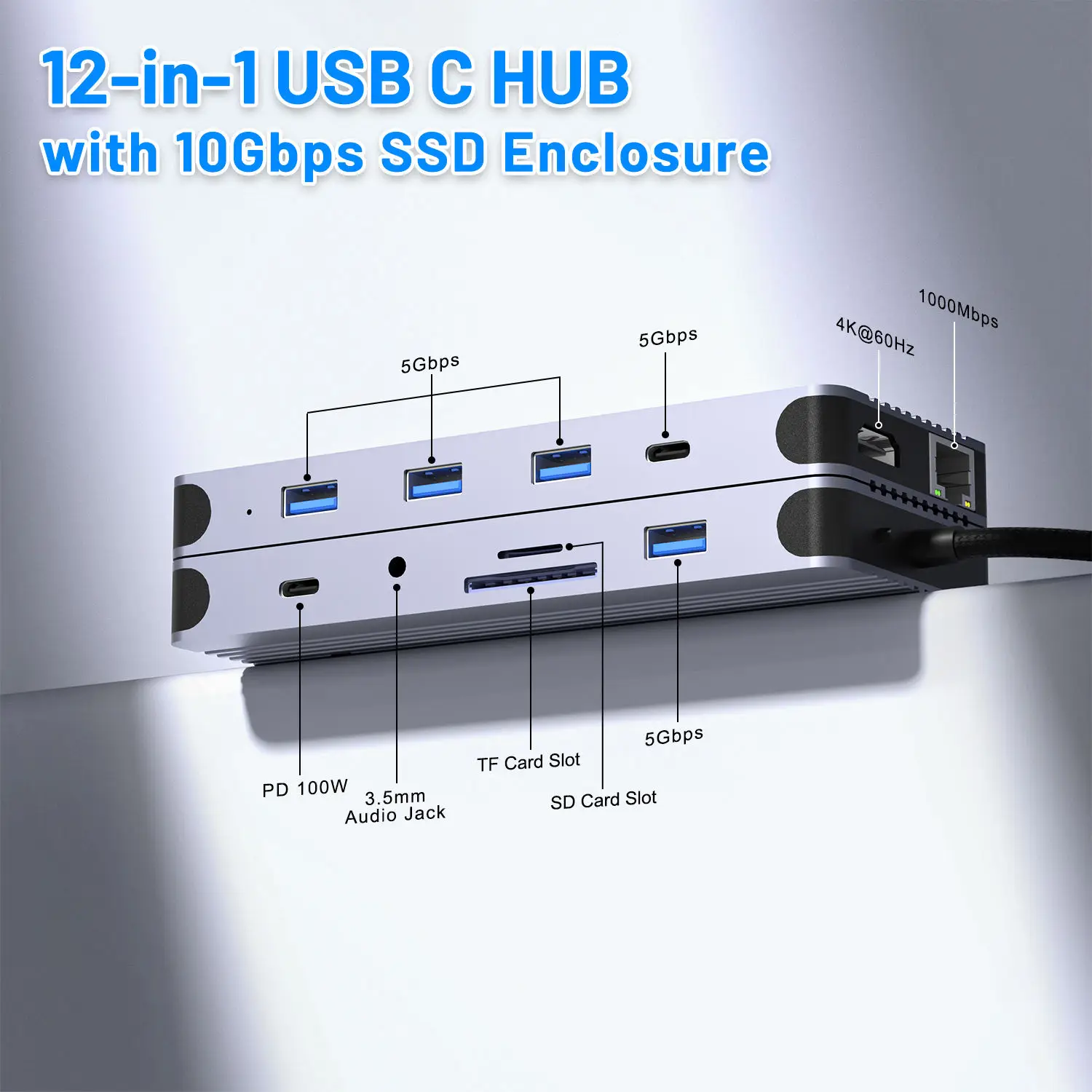 12-in-1 USB C Hub Docking Station M.2 NVME SSD Enclosure Card Reader RJ45 Ethernet HDMI-Compatible Adapter 3.5mm Audio