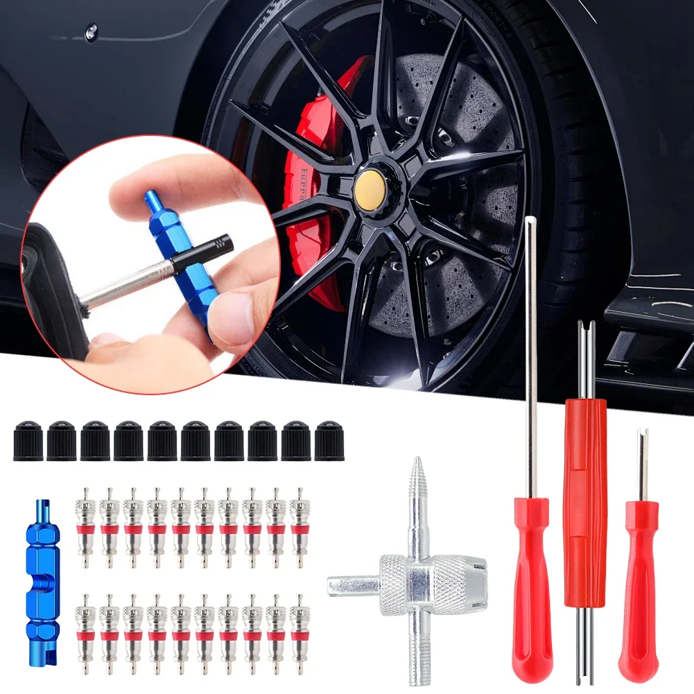 35/22/6Pcs Tire Valve Core Removal Installation Kit Bicycle Valve Core Tool Set Valve Core Adapter Valve Cap Bicycle Tire