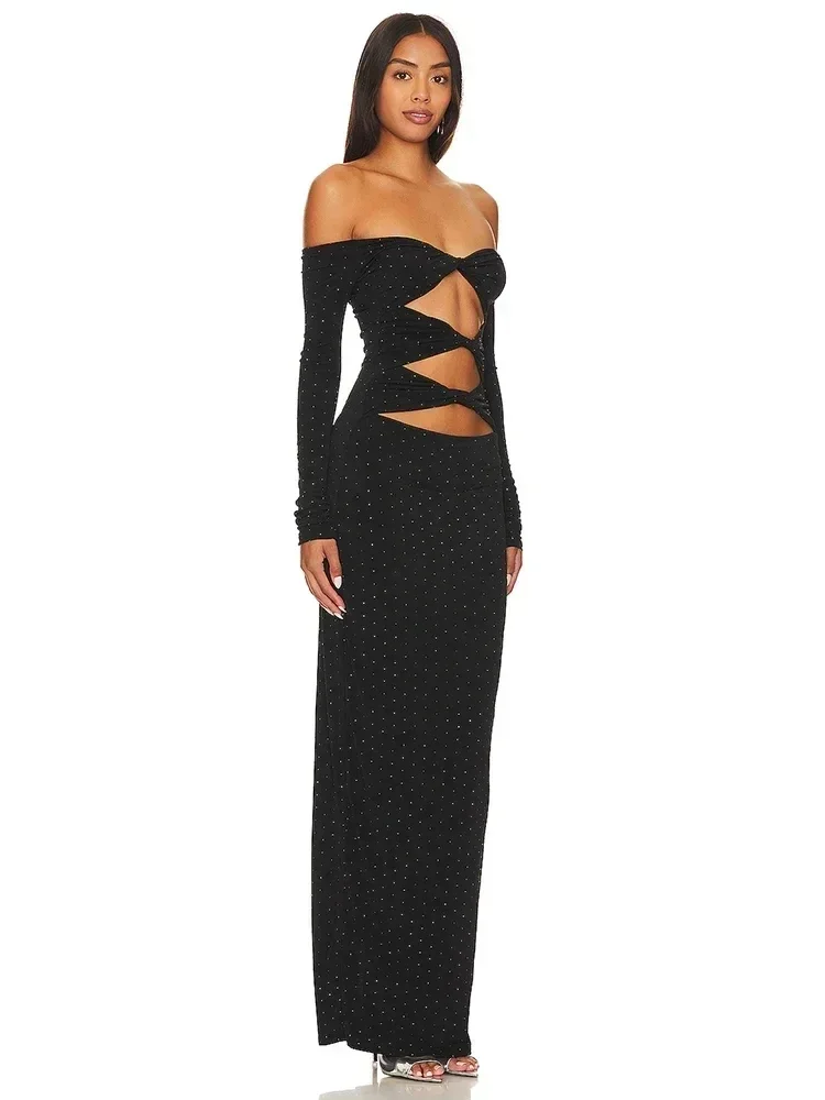 

JONN Sexy Off The Shoulder Luxury Diamonds Dresses For Women Sexy Cut Out Design Long Sleeves Celebrity Party Black Gown