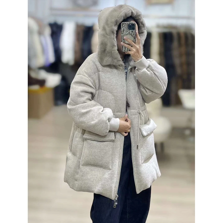 Mink Fur Puffer Jacket Cropped Cashmere Mink Goose Down Coat Real Fur Hood Puffer Luxury Warm