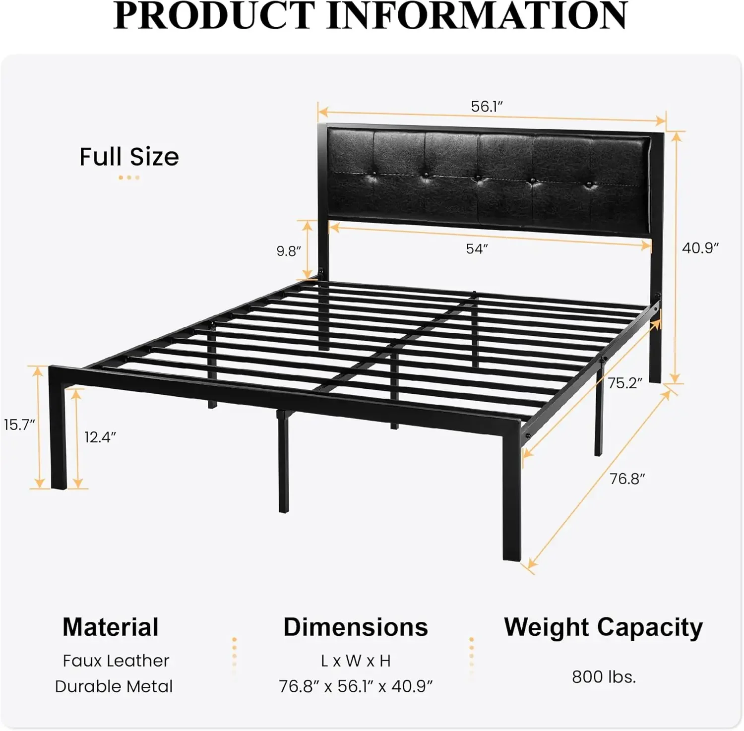 Leather Platform Bed Frame with Metal Slats, Button Tufted Square Stitched Headboard, No Box Spring Needed, Easy Assembly, Full