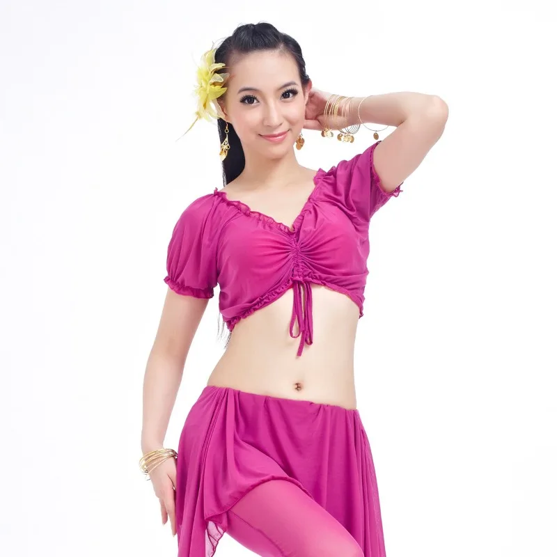 Fil d'eau personnalisé froissé à manches courtes, costumes de danse du ventre, vêtements d'entraînement, fil d'eau importé, hauts d'entraînement
