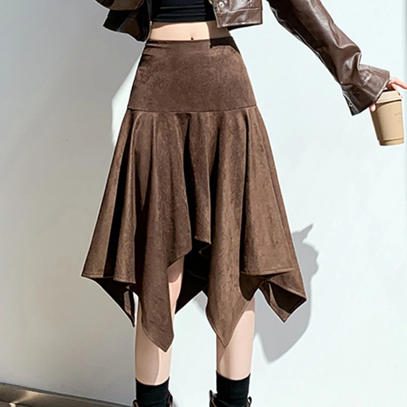 Vintage Irregular Midi Skirt Women Autumn Casual Loose High Waist Skirts Retro Mori Girl Style Fall Bonded Faux Suede Skirts New