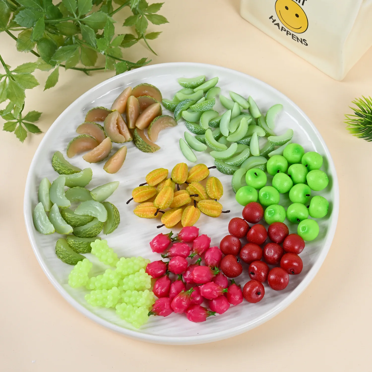 5pcs Mini Fruit Models PVC Starfruit Orange Apple Cantaloupe Dragon Fruit Grapes Realistic Miniature Food Desktop Decorations