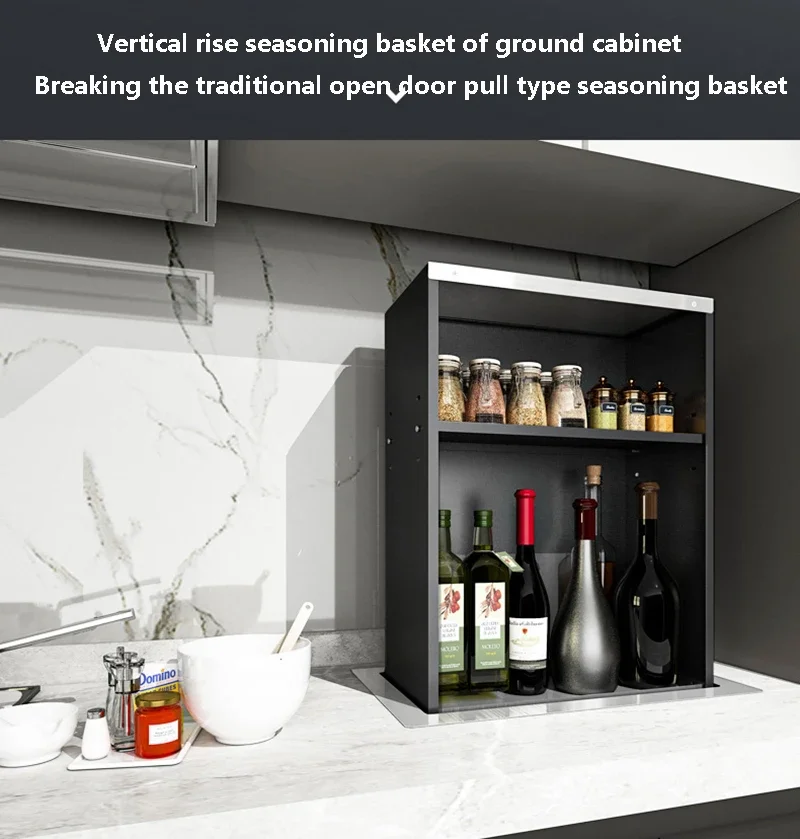 Kitchen Table Top Vertical Lifting Seasoning Basket Floor Cabinet Embedded Hidden Storage Rack SUS304 Seasoning Bottle Shelf