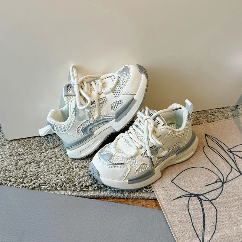 

Детские дышащие кроссовки из сетки, легкие массивные кеды для девочек и мальчиков, повседневные прогулочные туфли на шнуровке для школы