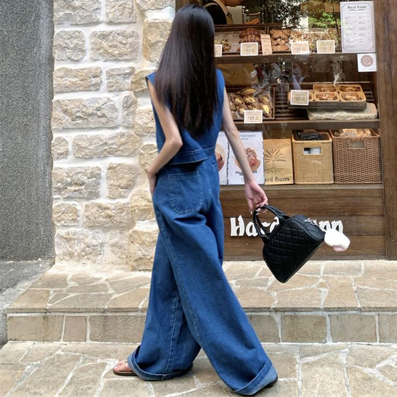 Women Denim Sets Korean Fashion Stand Collar Denim Vest Loose Wide Leg Straight Jeans 2024 Autumn New Ladies Two Piece