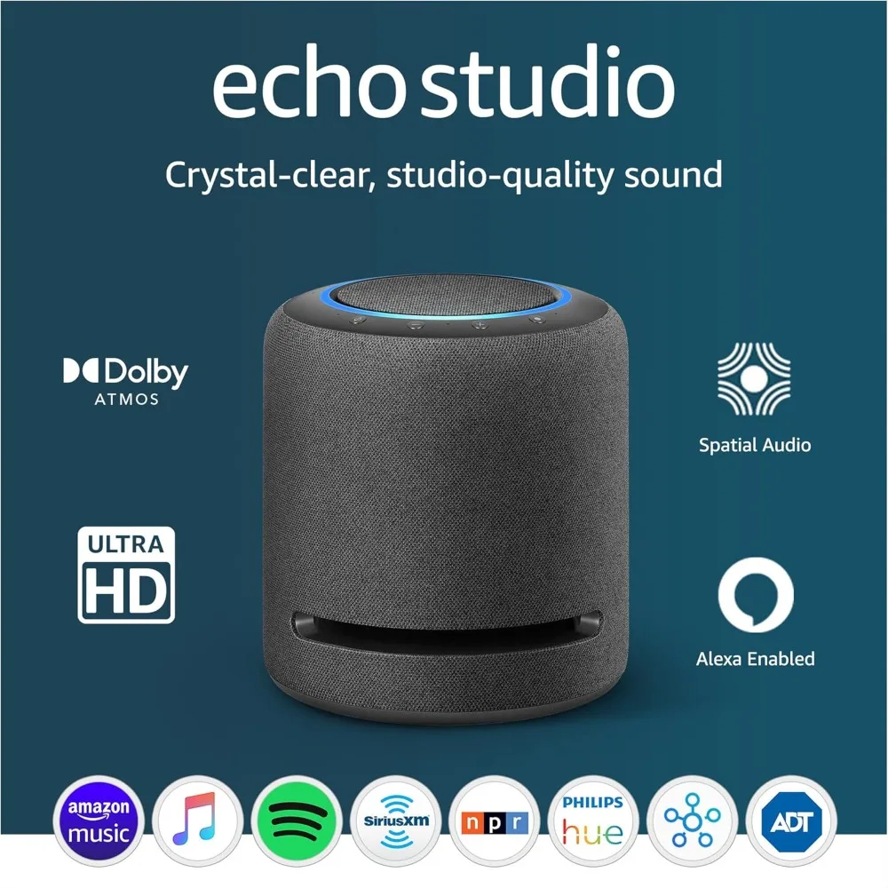 Amazon Studio (newest model), Our best-sounding speaker, Perfect for large spaces like living rooms and family rooms