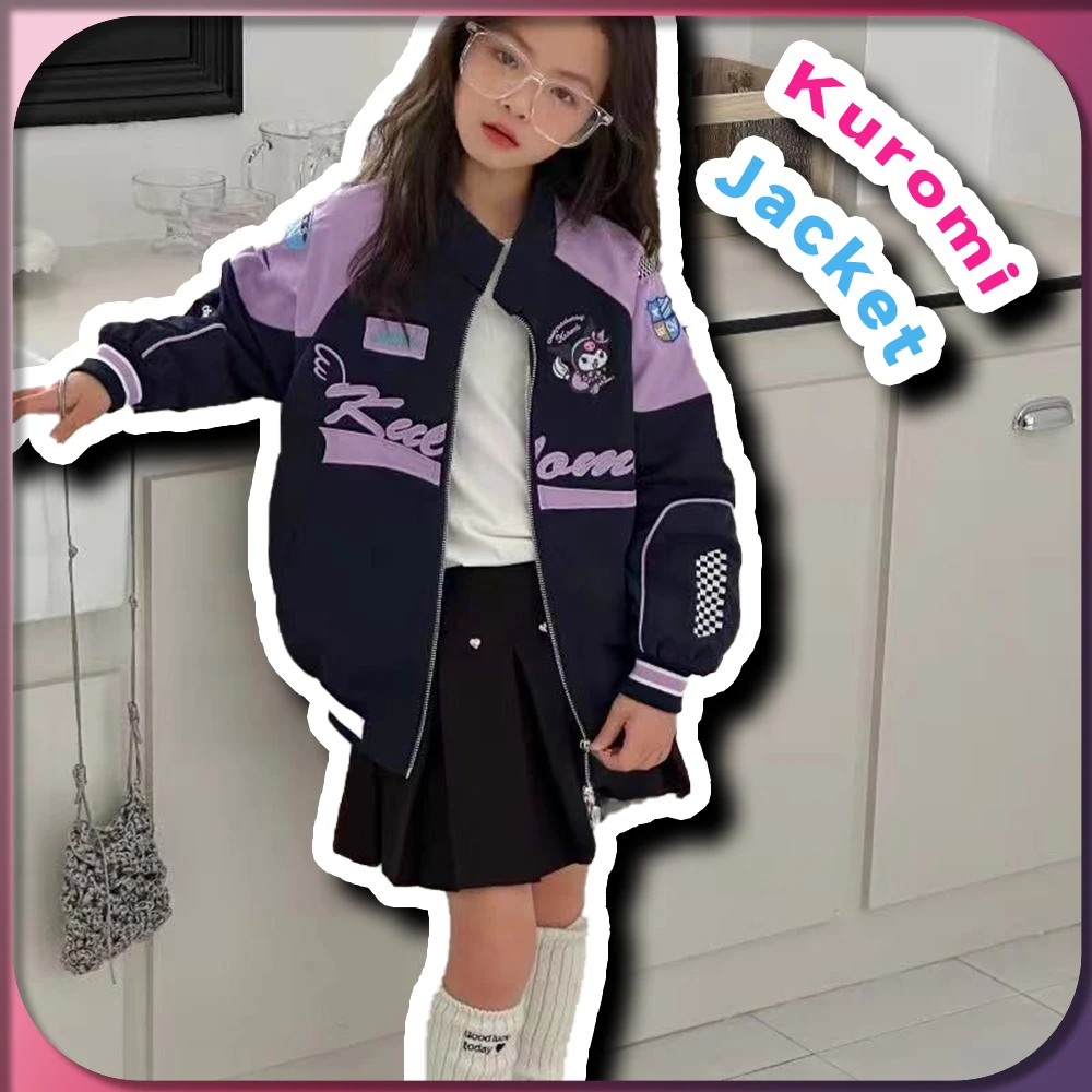 Kawaii New Kuromi Kids Color Blocked Jacket Sanrio Anime Girls OverSize Coat Cinnamoroll Clothes Autumn Long-Sleeves Warm Top