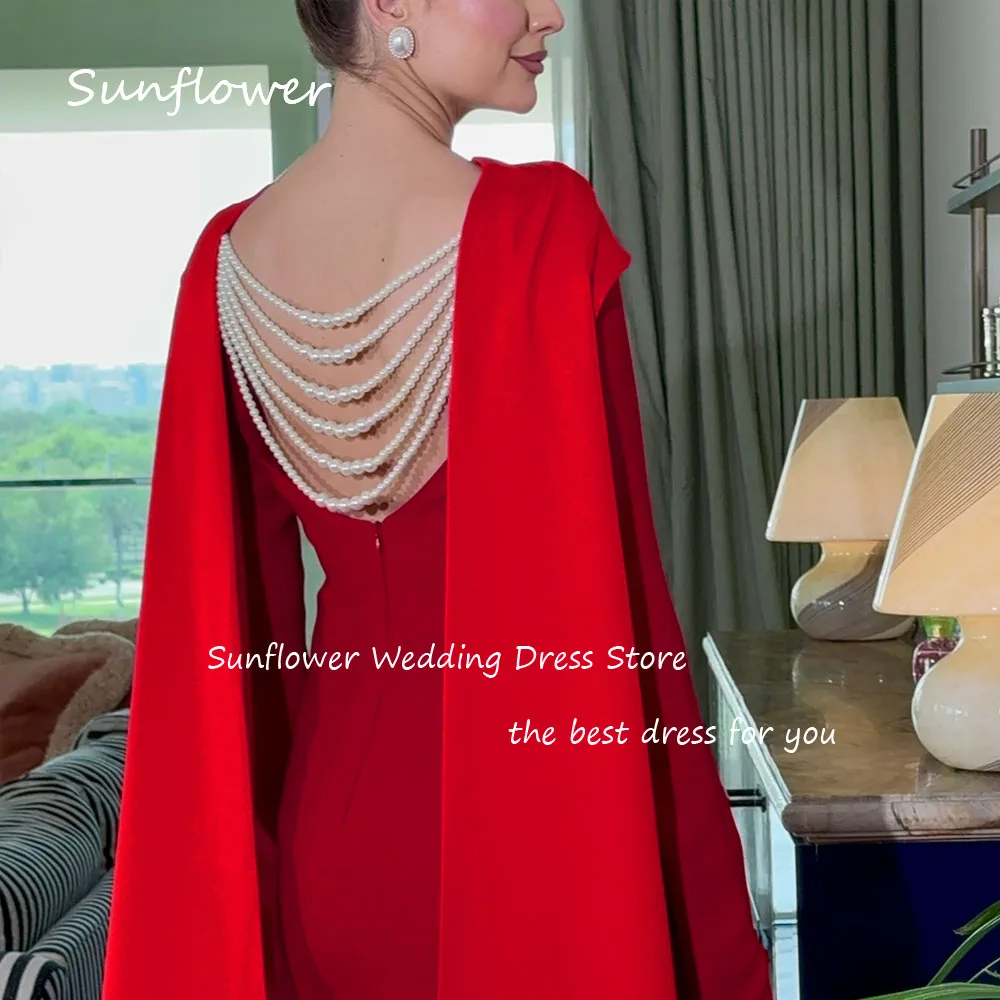 Sunflower Red O-Neck Crepe Mermaid Prom dress 2024 Slim Pearls Backless Satin Shawl Floor-Length Formal Evening Dress