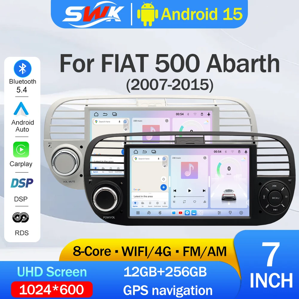 For Fiat 500 2007-2015 7 inch  Android 15 Radio WIFI DSP wireless Carplay Auto Car BT GPS navigation Multimedia Player