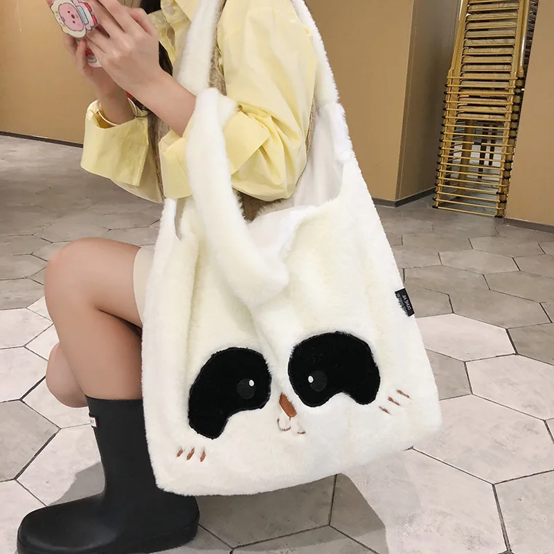 

Winter Fashion Faux Fur Large Capacity Tote Cartoon Panda Women Shoulder Bags Soft Fluffy Plush Lady Handbags Big Shopper Purses