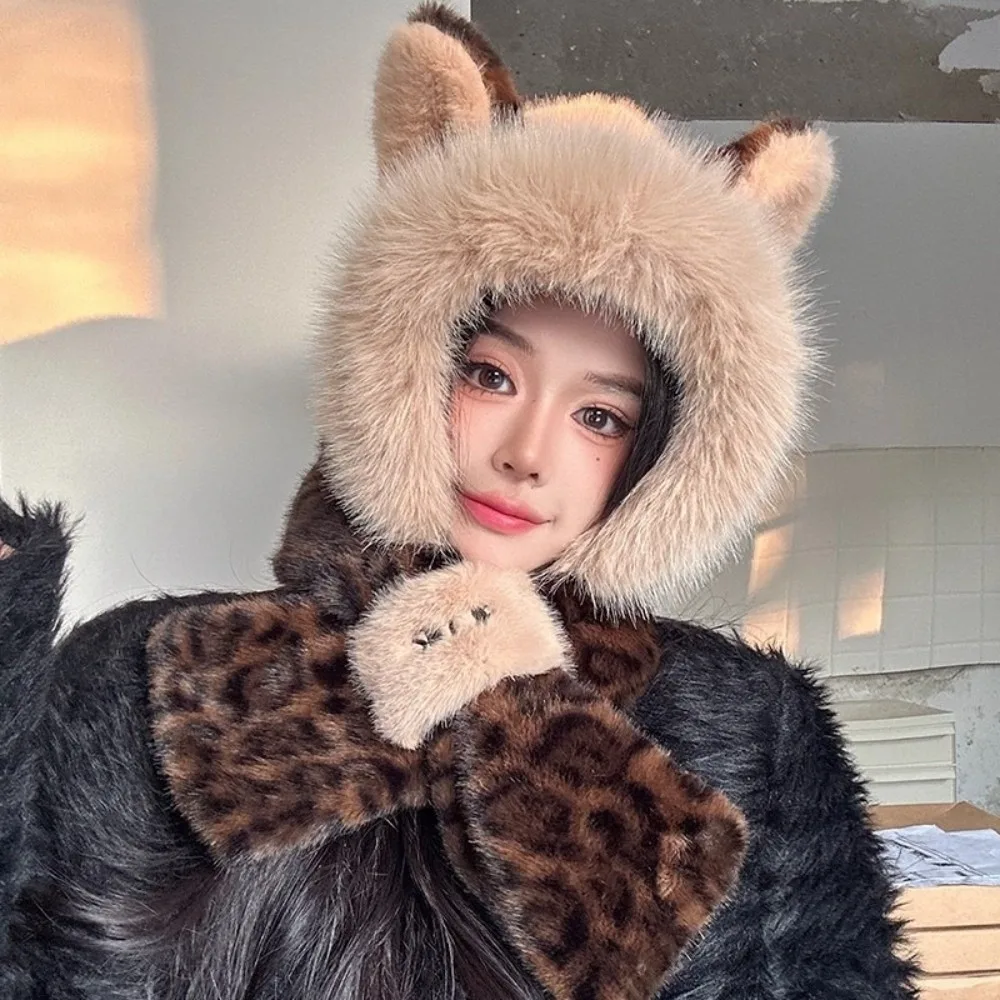 

Warm Thickened Winter Scarf Hat Windproof Two-Piece Set Neck Warmer Leopard Print Hat Scarf Women