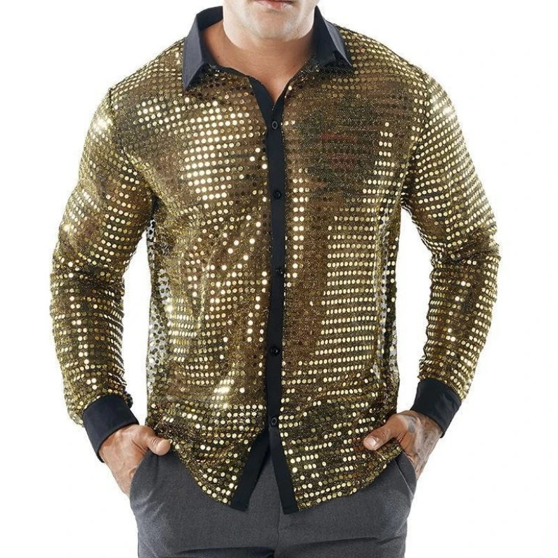 

60-х 70-х годов Диско Искрывающая блестящая рубашка с блестками Хип-хоп Мужские топы для вечеринок Клубная певица DS Блестящая винтажная рубашка в стиле хиппи с длинными рукавами