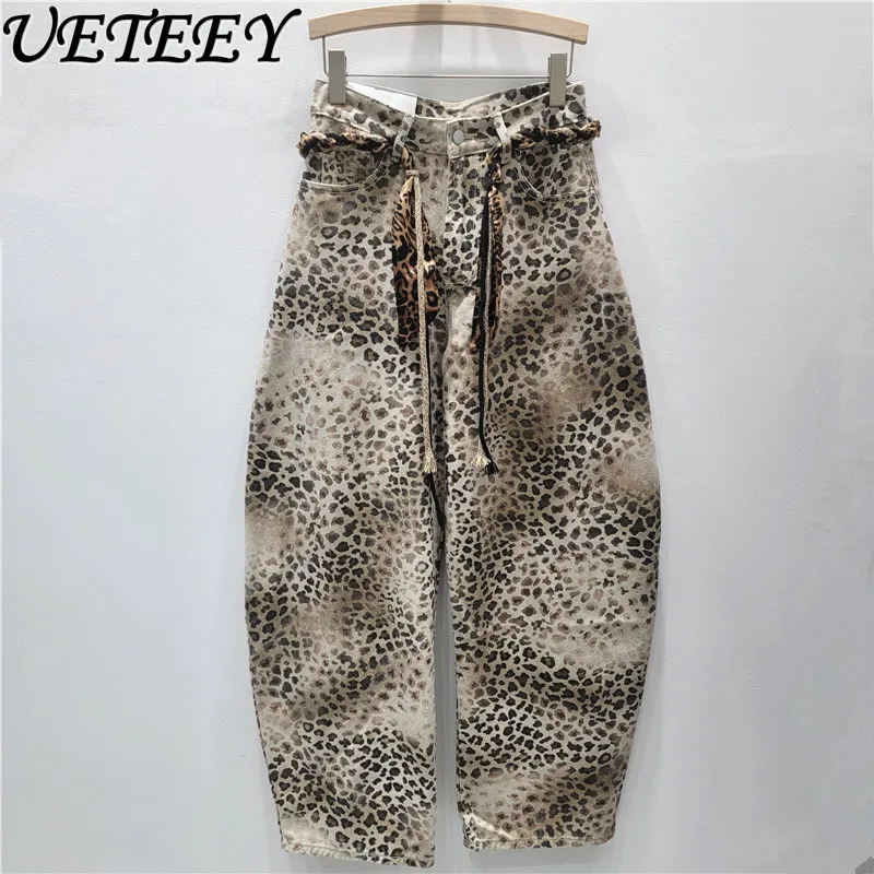 

Vintage Fashion Washed Gradient Leopard Print Scimitar Jeans Women Hot Girl Printed Denim Pants Female 2025 New Autumn Bottoms