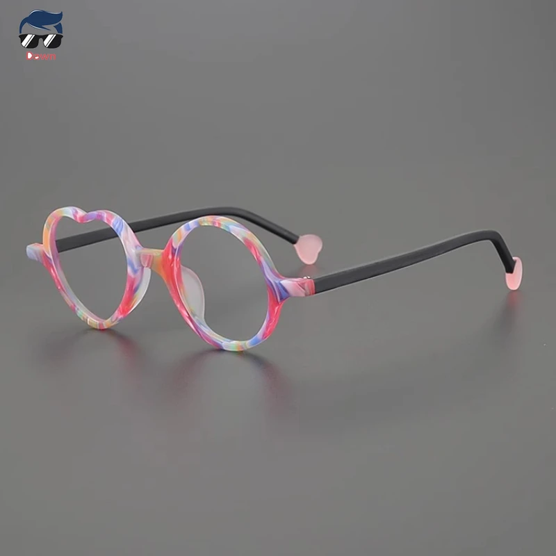 

New Multi-Color Heart Acetate Eyeglass Frames Handcrafted Round Fashion for Men Women Pair with Myopia Lenses.
