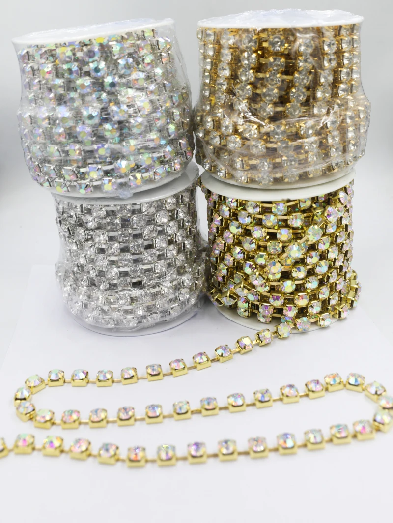 10yards/roll SS6-SS38(2.0mm-9.0mm) Crystal AB color Gold base  Beads /  Stones cup chain for jewelry diy making accessories