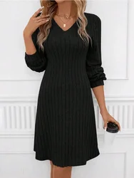 Solid Color Long Sleeve Knitted Ribbed Women Mini Dress Winter Warm V-neck Pit Stripe Dresses Casual Party Vacation New Clothes