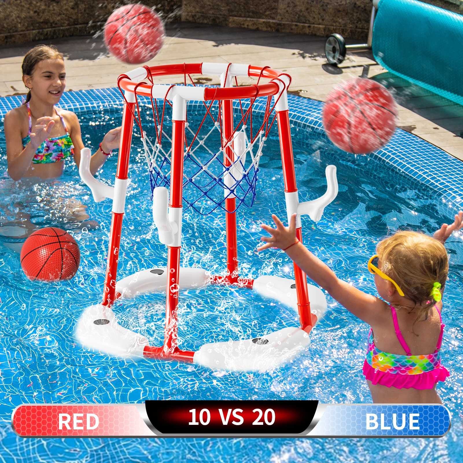 Jouets de cerceau de basket-ball de piscine d'été, jeu de piscine de basket-ball flottant, jouets de flotteurs de natation avec 4 balles, jouets de jeu d'eau intérieure et extérieure
