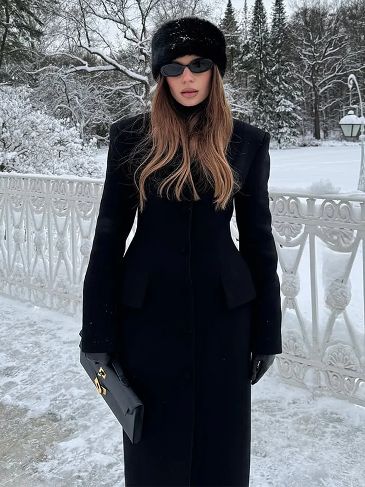 

Элегантное женское длинное шерстяное пальто с тонкой талией и лацканами, однобортное пальто с длинными рукавами, осень-зима 202, женская теплая верхняя одежда, новинка