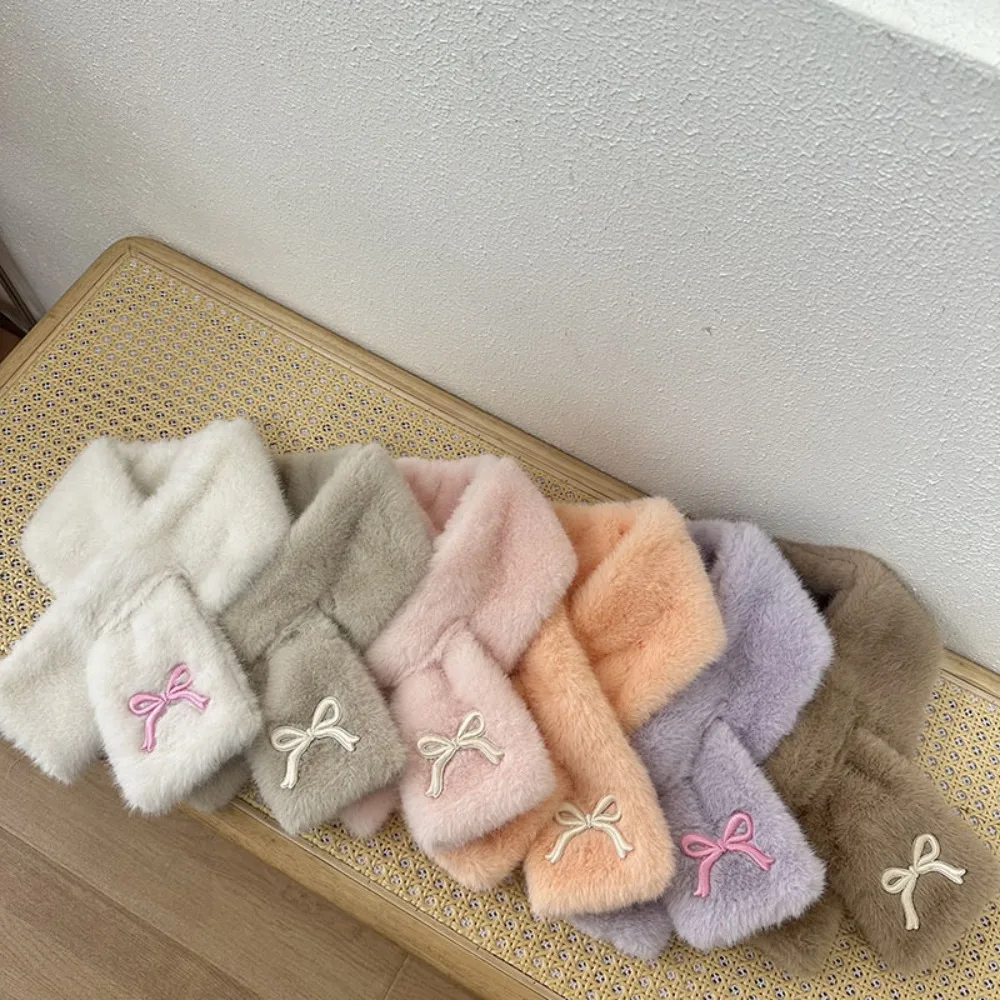 

Simple Solid Color Bowknot Scarf Casual Warm Kids Plush Scarf Windproof Korean Style Children's Cross Scarves Girls