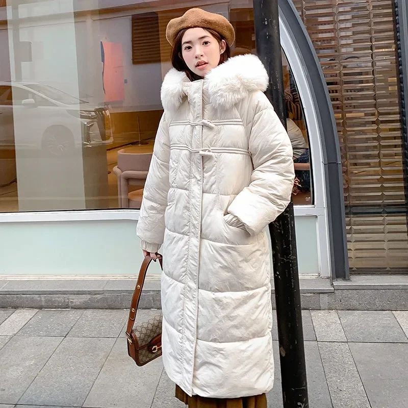 New Women Hooded Cotton Jacket Female Thicken Warm Fashion Long Below The Knee Winter Coat Fashion Pure Color Baggy Outwear