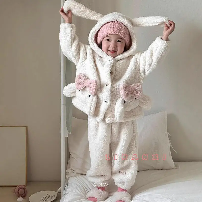 

2025 Autumn Winter Girls Double-Faced Fleece Home Clothes Hooded Warmth Thicken Homewear Cute Style Cartoon Pajamas Kids Clothes