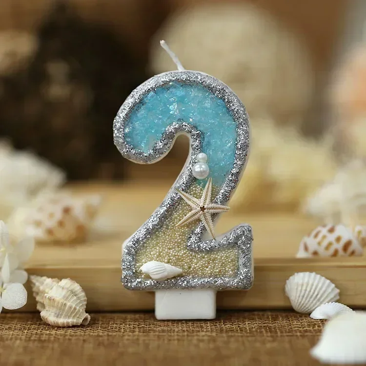 Birthday Candle 2 Year Birthday Candle Cake Blue Sparkly Beach Starfish Conch Gradient Candle Topper for Party Cake Decoration