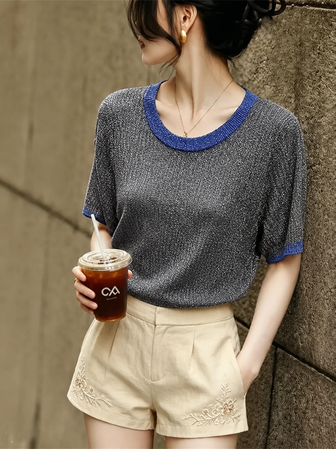 Lush Simplistic Ice Silk round Neck Knitwear Soft Stylish Top Comfortable Korean Style Straight Cut Summer Fashion Women's Shirt