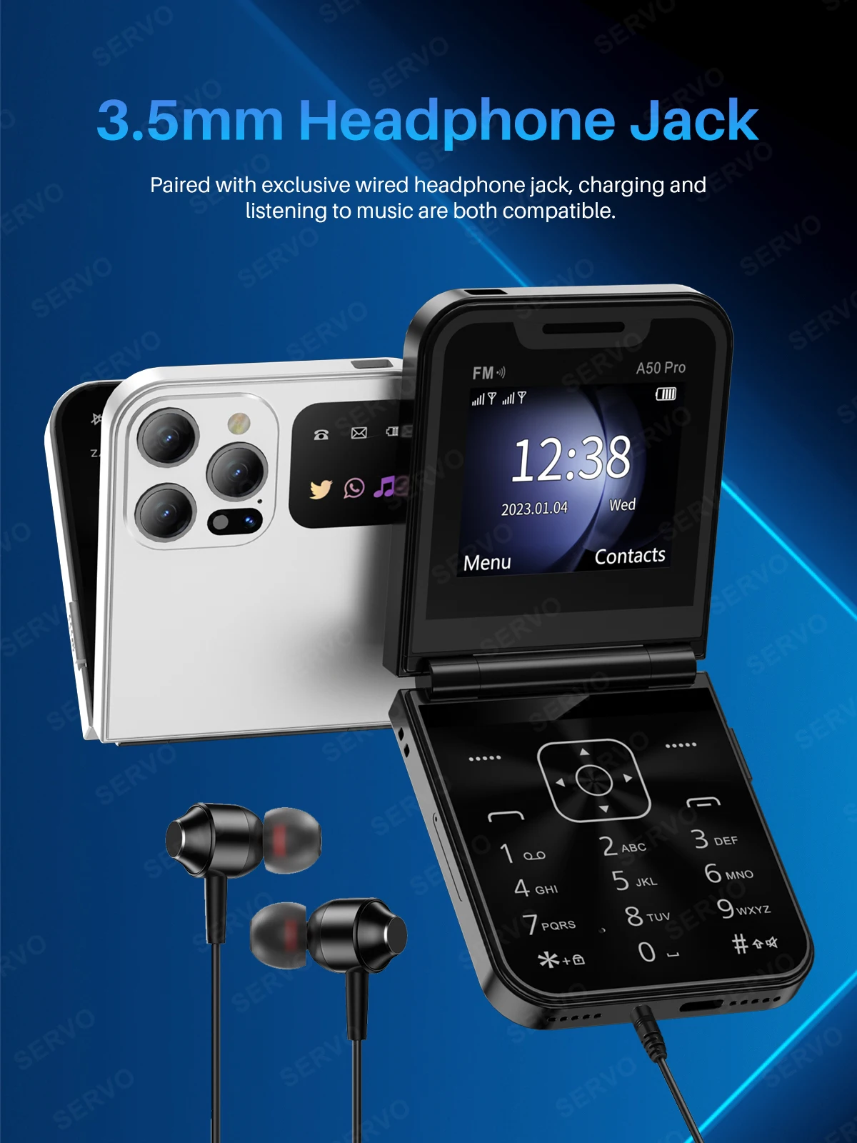 SERVO A50 PRO Foldable Mobile Phone Dual SIM Standby Call Recording Speed Dial Blacklist FM Radio 2G GSM Button Flip Cellphones