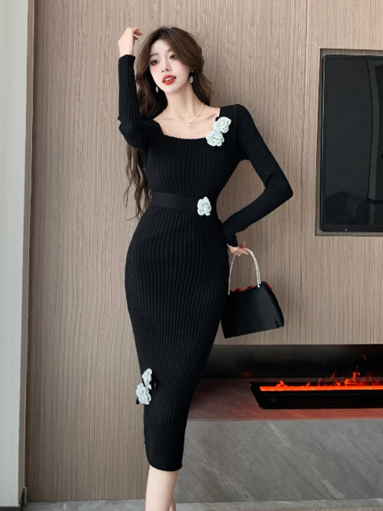 Women Clothes Knitted Sweet Solid Floral Square Neck Skinny Pencil Dress Ladies Sweater Casual Stretchy Robe Mujer Vestidos New
