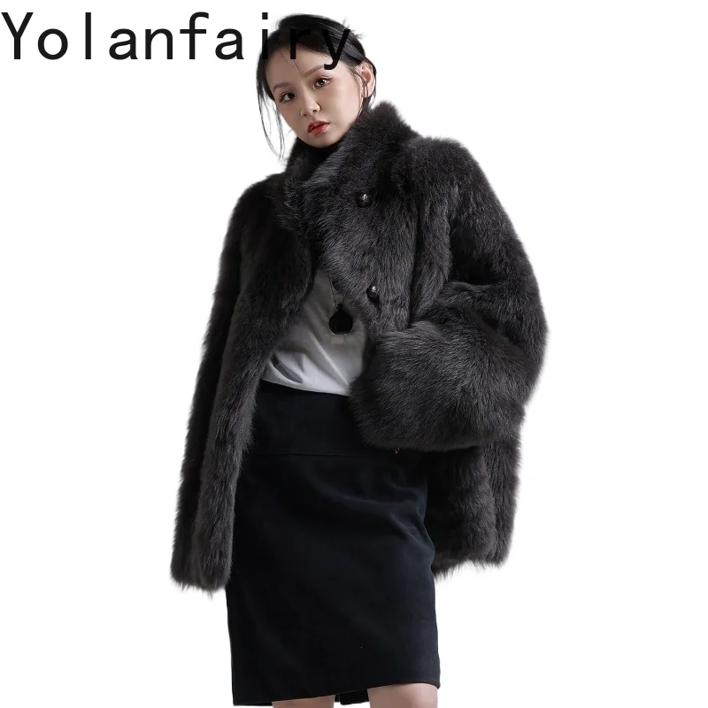 

YOLANFAIRY Luxury Winter Women Genuinne Sheepskin Fur Integrated Coat High Neck Stand Collar Natural Shearling Leather Fur Coats