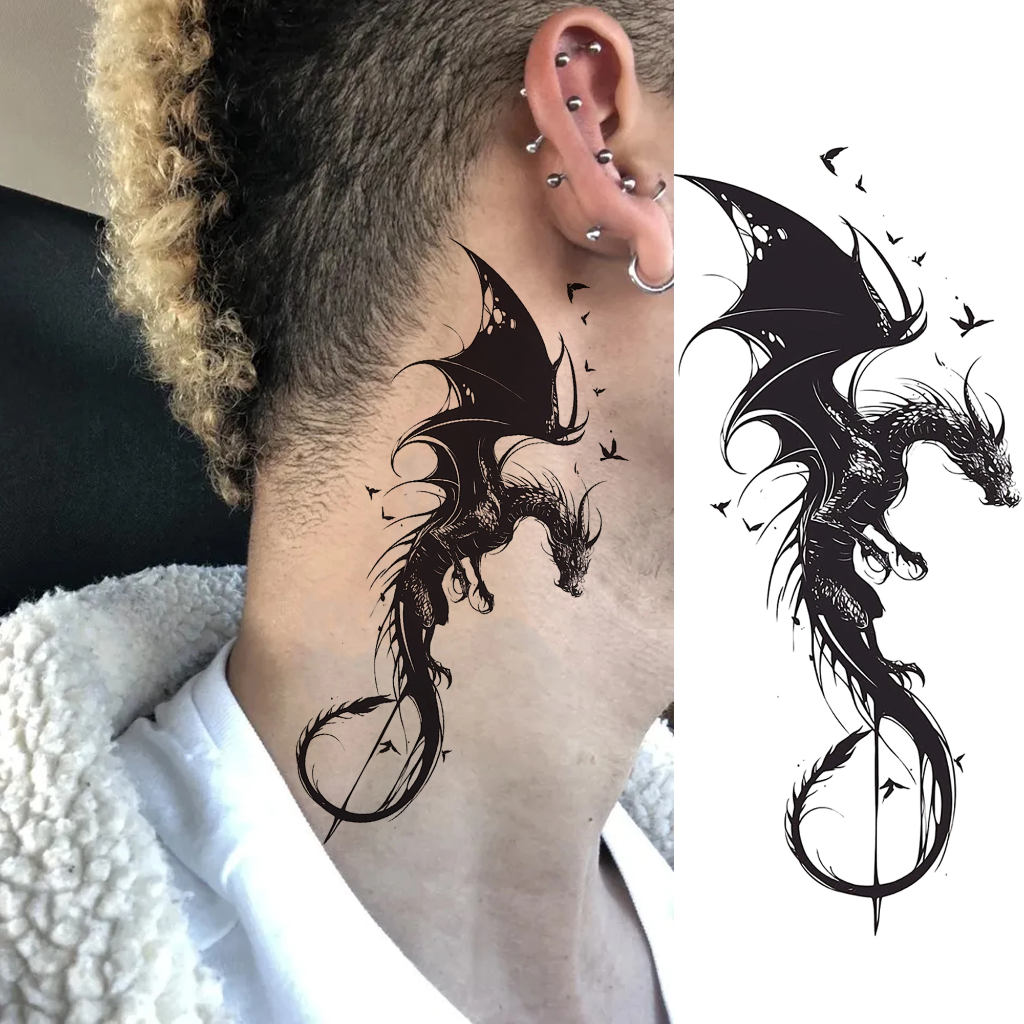 1 Sheet Halloween Gothic Snake Wolf Temporary Tattoos Men Forearm Neck, Realistic Anchor Warrior Fake Tattoos Sticker Waterproof