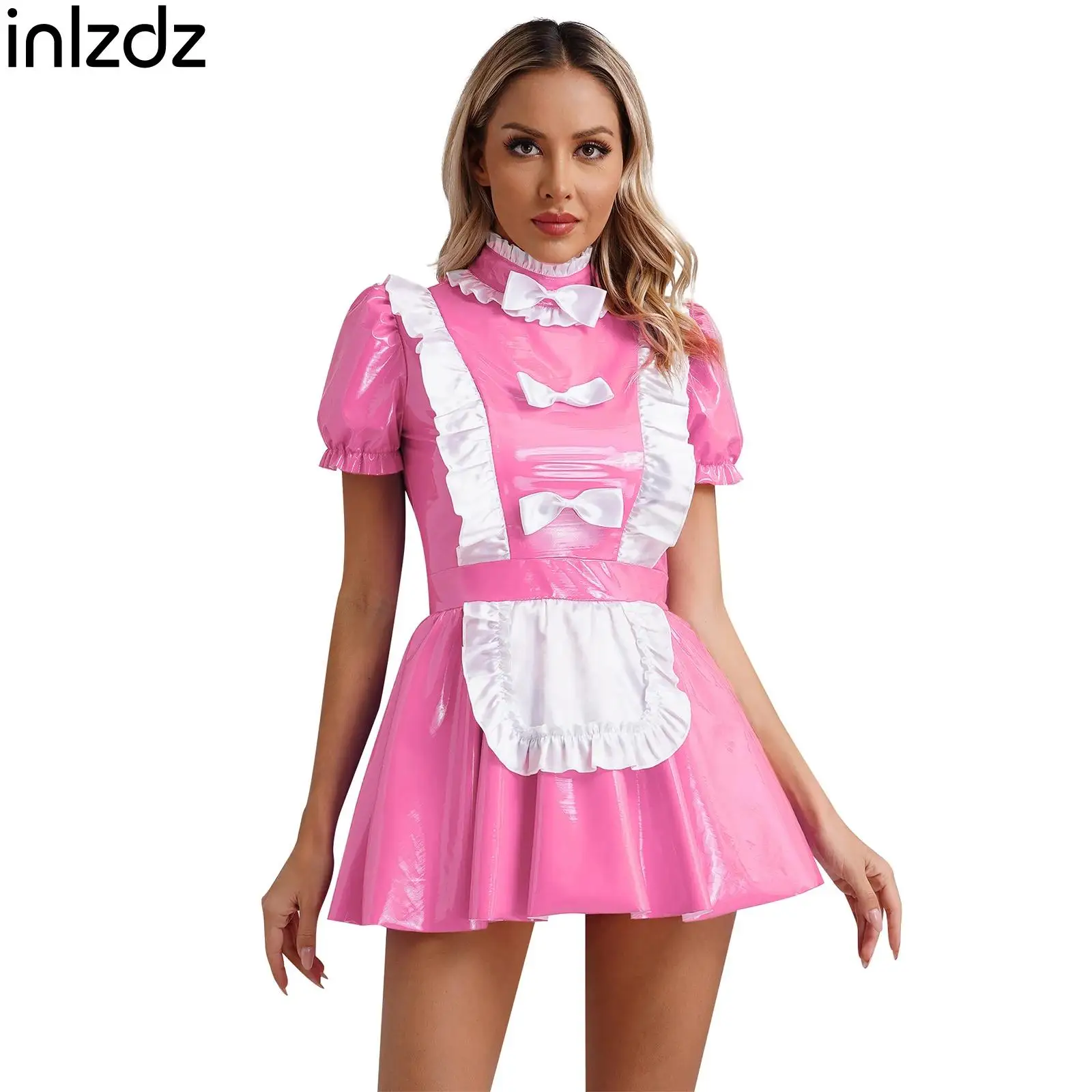 Womens Glossy Patent Leather Maid Dress Ruffles Trims Bow Apron Puff Sleeve Dress Naughty Maid Uniform Cosplay Costume Clubwear