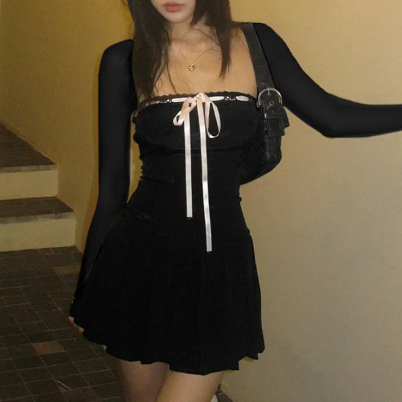 Y2K أسود ساحة طوق فستان بكم طويل المرأة أنيقة الدانتيل متابعة القوس ألف خط فستان قصير الكورية فساتين قصيرة الملابس الجمالية 원ipiС