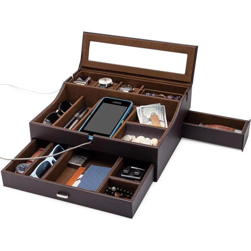 Mens Valet Box Organizer, Large Leather Valet Tray for Men, Mens Valet Tray Organizer with Charging Station