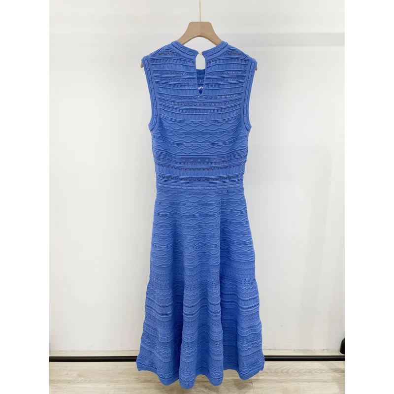 Women Sleeveless Hollow Knit Midi Dress Round Neck Textured Wave Pattern A‑Line Long Dress Back Keyhole Elegant Party Dresses