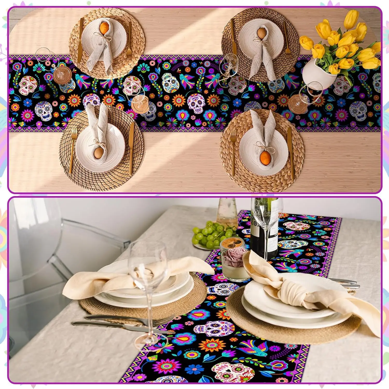 Mexican Day of the Dead Sugar Skull Floral Table Runner Party Kitchen Sideboard Dresser Fiesta Holiday Home Ornament
