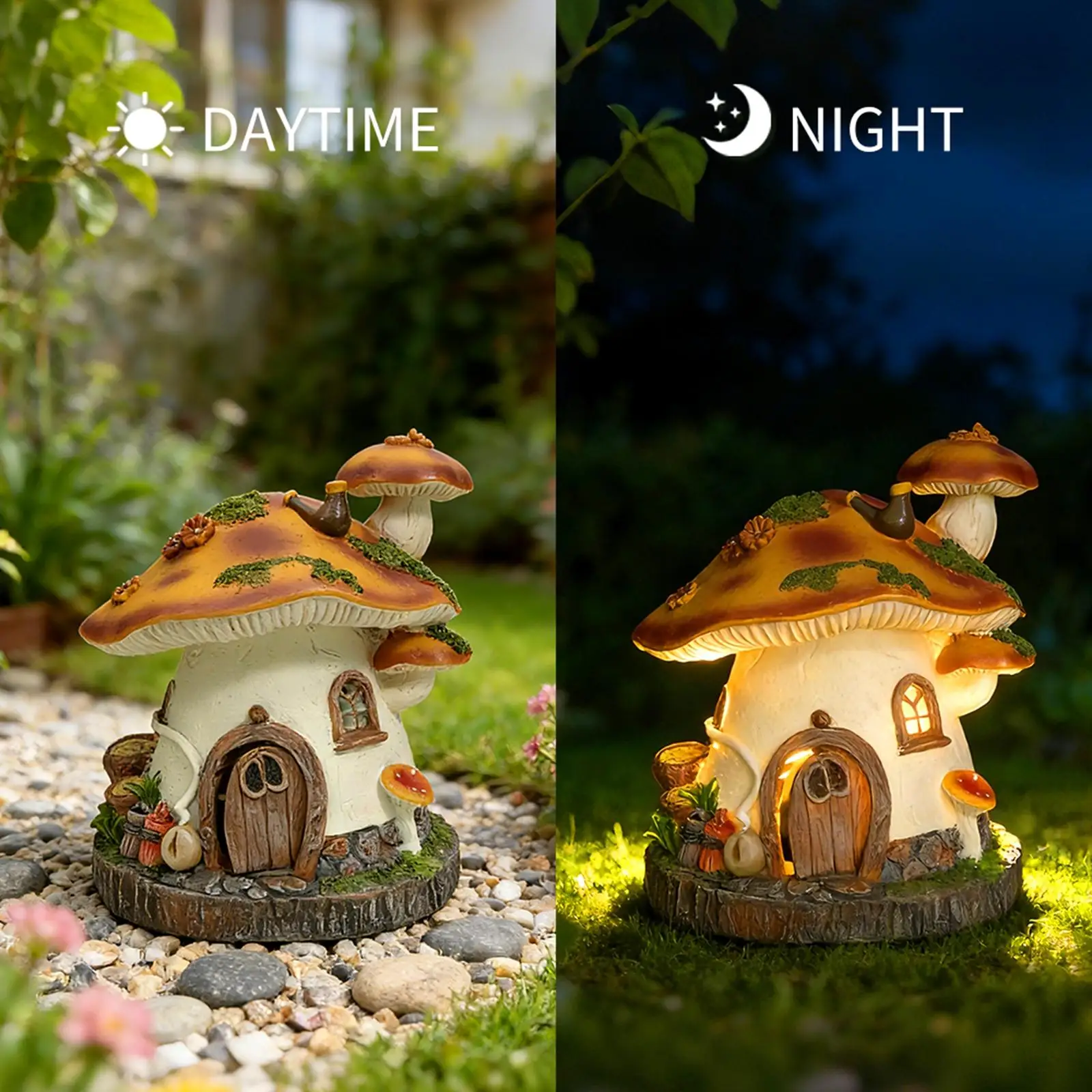 Mushroom House Yard Solar Light Resin Weatherproof Garden Statue Exterior Decorative Lamp for Patio Lawn