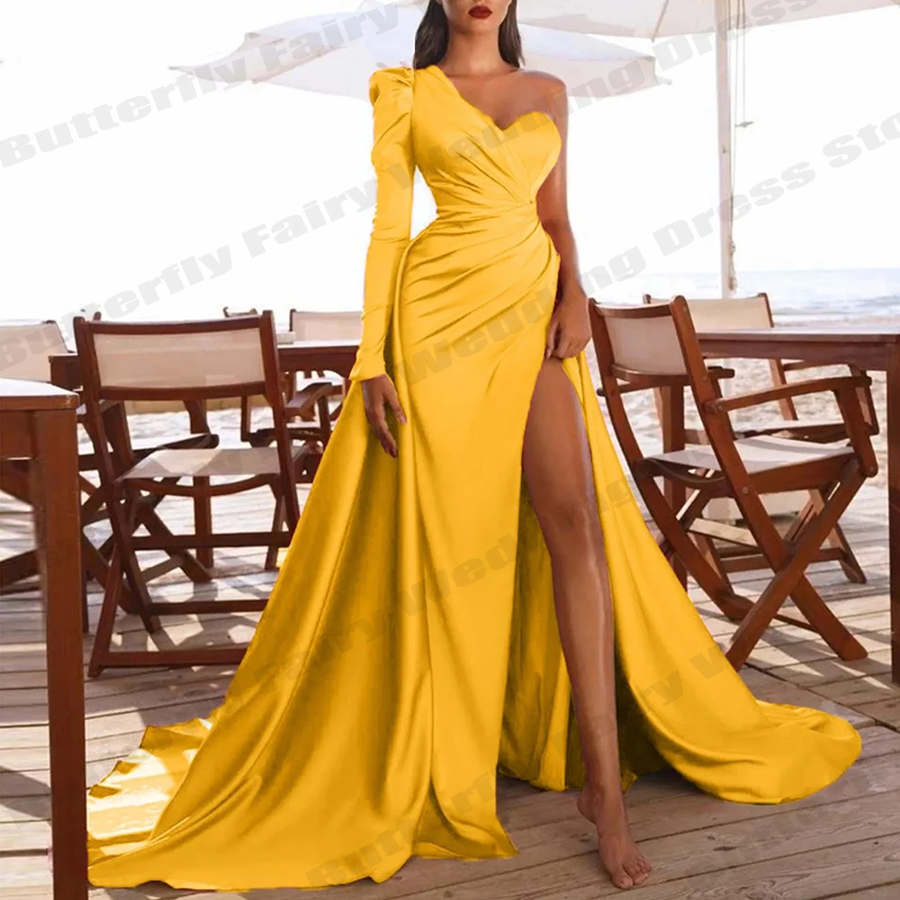 

Sexy Gorgeous Satin Dresses New Fashion Single Shoulder Sleeves With High Slit Beautiful Evening Dresses Party Women Elegant