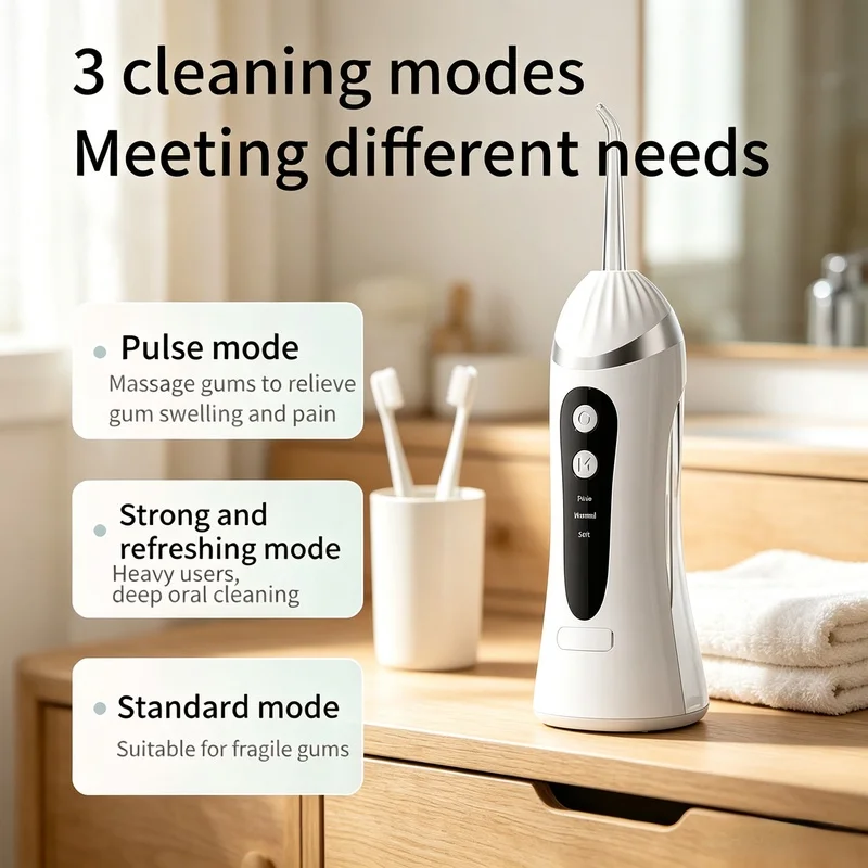 Portable Rechargeable Oral Irrigator, IP65 Waterproof Dental Water Flosser with 3 Cleaning Modes, 200ML Water Tank for Teeth Cle