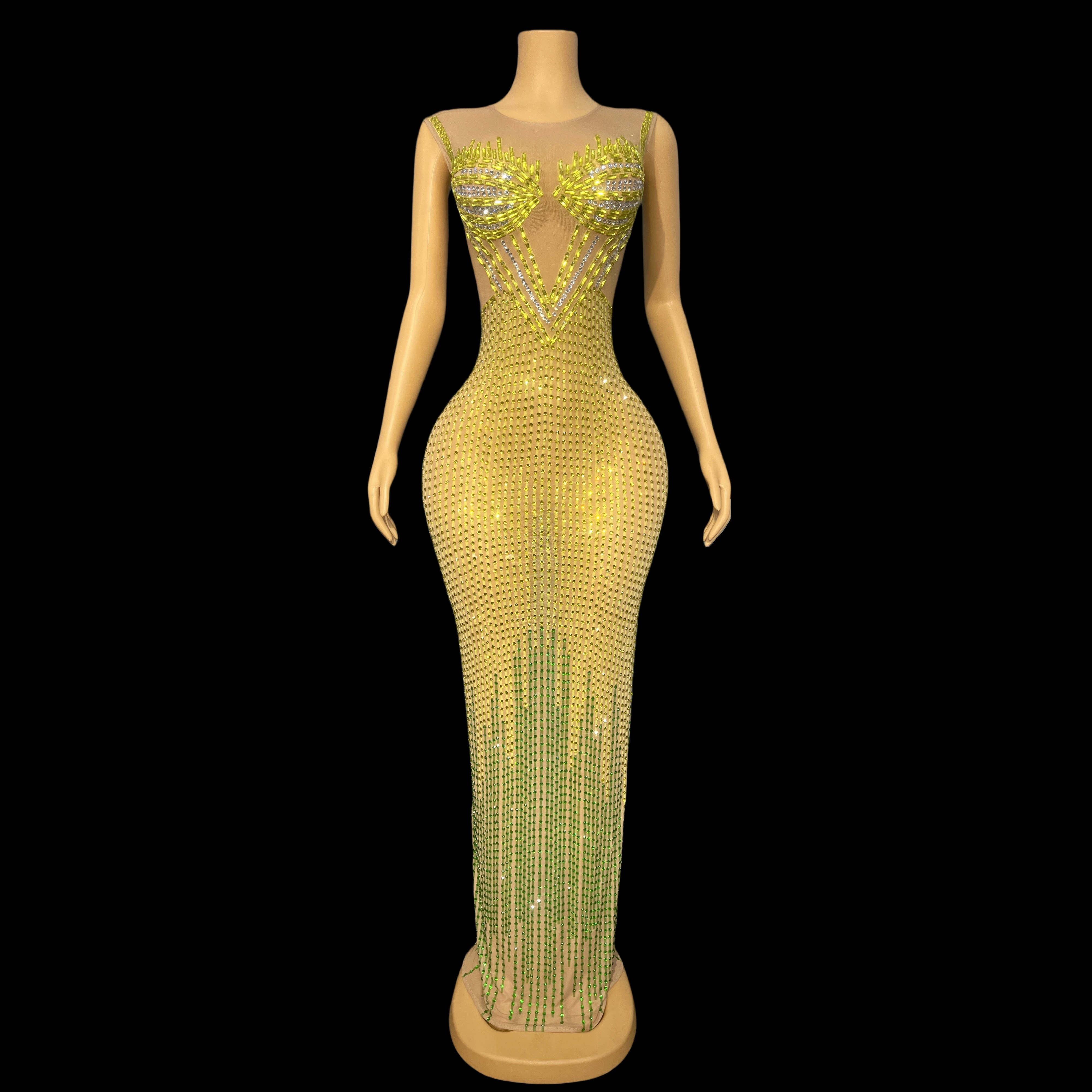 

Yellow evening dress shiny rhinestone slim fit mesh dress party celebration costume red carpet show stage costumes Huangfeicui