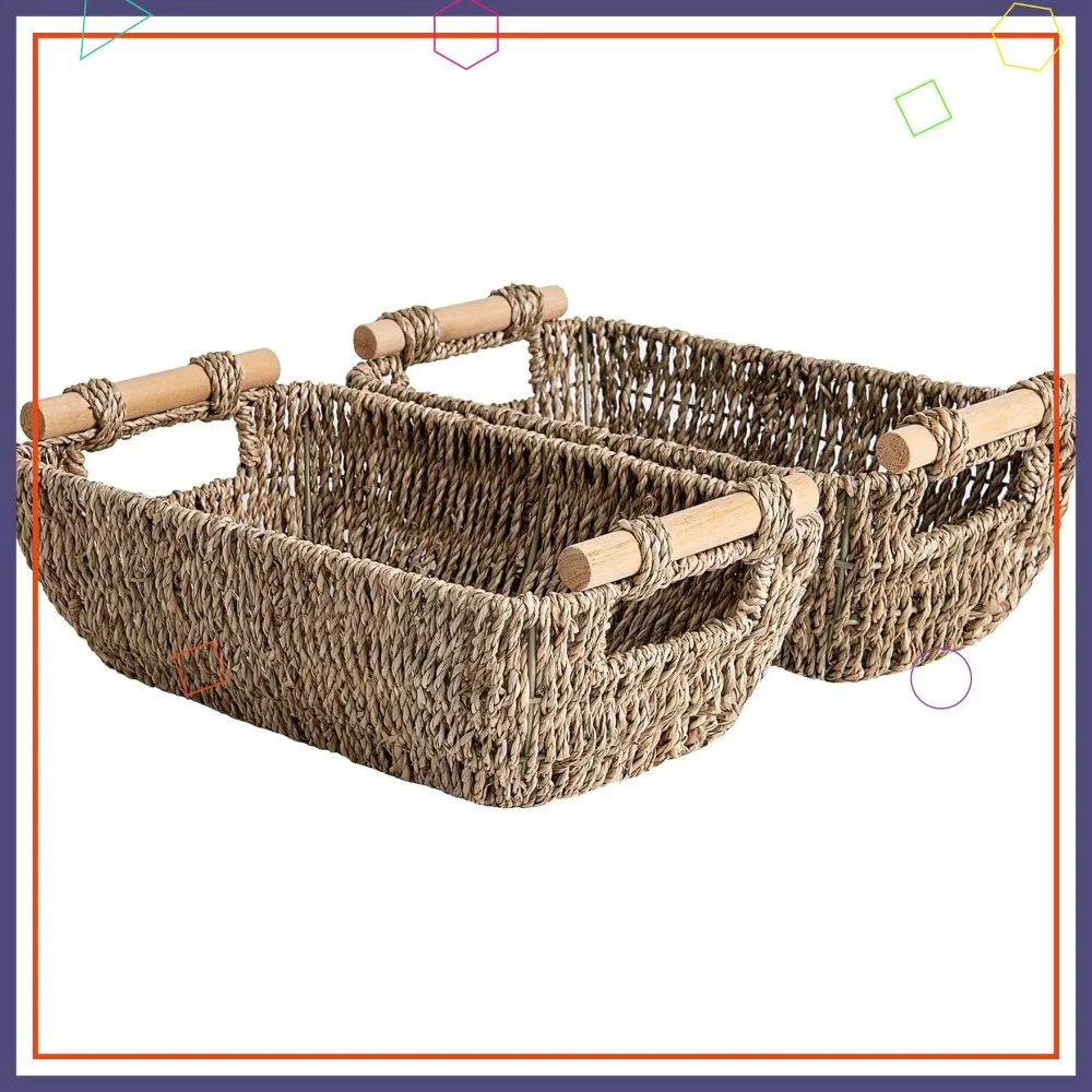 

Плетеные корзины для хранения из морской травы с деревянными ручками, набор из 2 штук, для полок и подарков