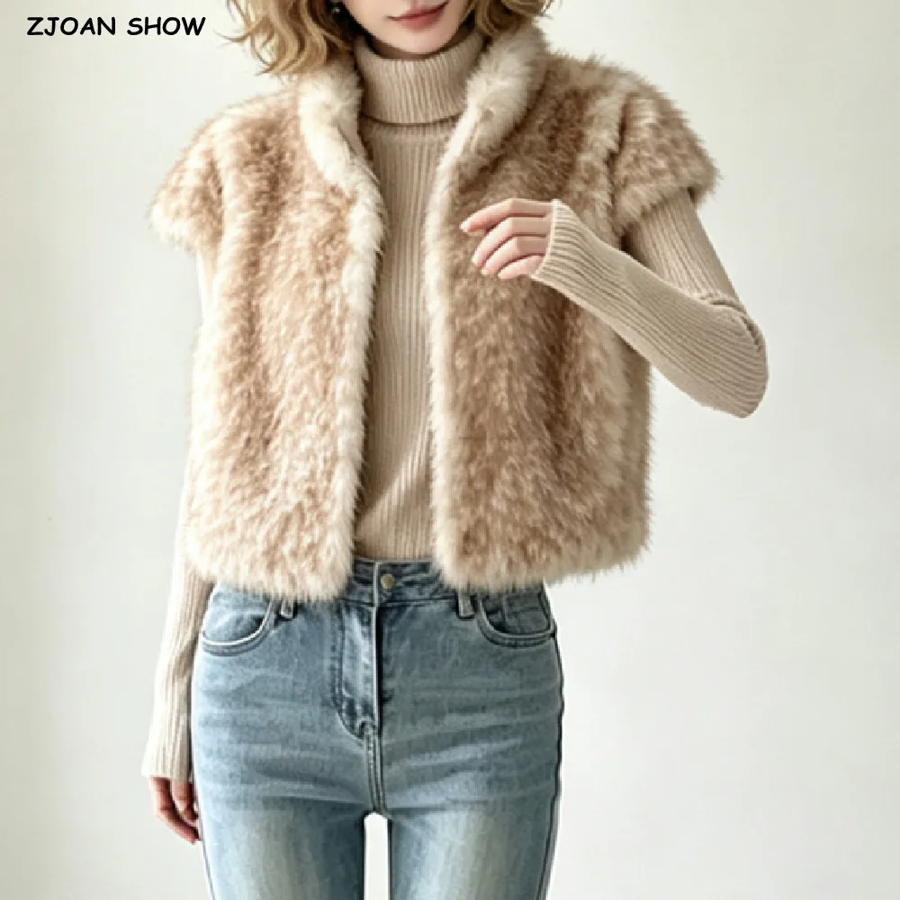 Autumn Winter Women Stand Collar Animal Deer Dot Faux Mink Fur Short Sleeve Coat Shaggy Waistcoat Short Cape Outerwear