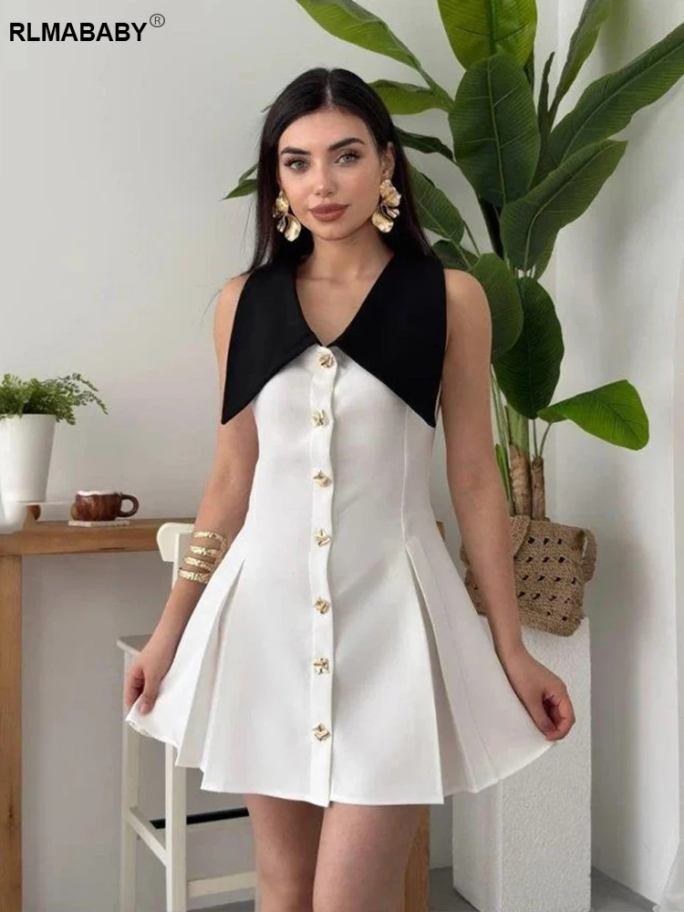 RLMABABY เซ็กซี่ Turn-Down คอ A-Line มินิชุดผู้หญิง Elegant Single-Breasted ปุ่มสั้น Slim ชุด